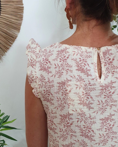 Blouse femme coton gaze beige fleurs vieux rose