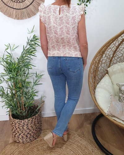 Blouse femme coton gaze beige fleurs vieux rose