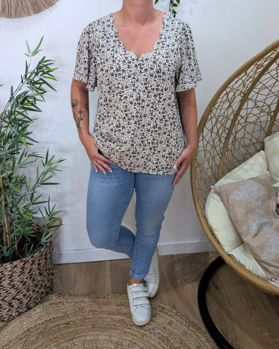 Blouse femme écrue fleurs noires Hilaé