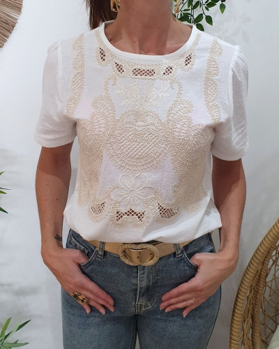 Blouse femme écrue broderies beiges Léorine