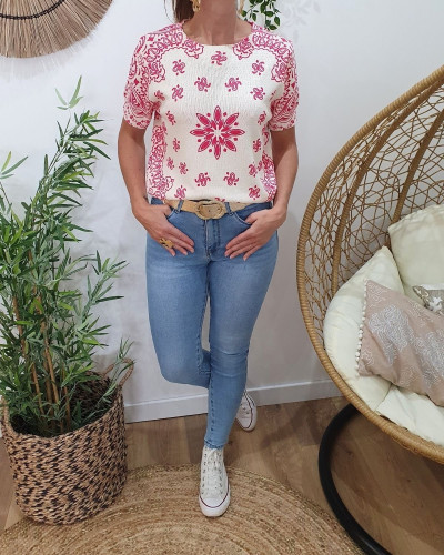 Blouse femme maille écrue à motifs Nyméa