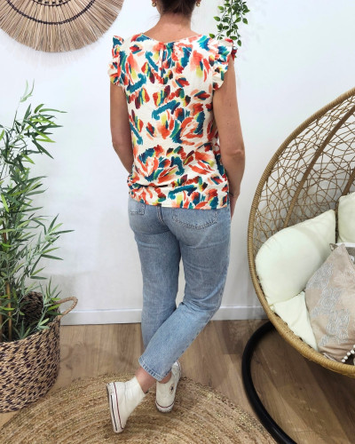 Blouse femme coton écru motifs multicolores Bernadette