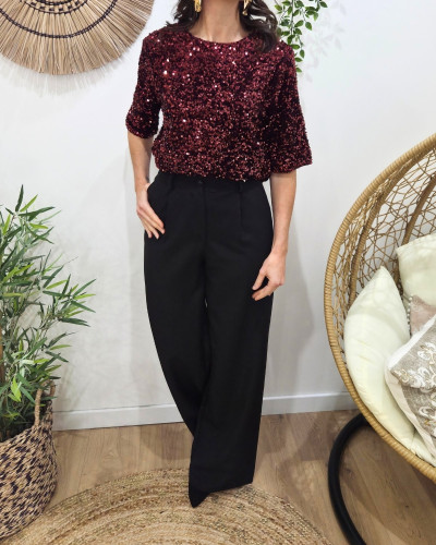 Blouse femme à sequins rouge bordeaux