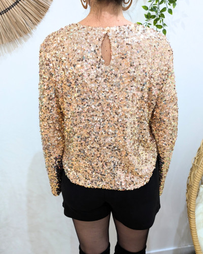 Blouse femme à sequins rose gold manches longues