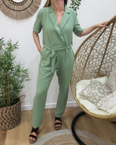 Combinaison femme pantalon tailleur vert d'eau manches courtes