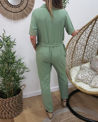 Combinaison femme pantalon tailleur vert d'eau manches courtes