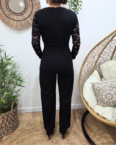 Combinaison pantalon femme noire manches dentelle