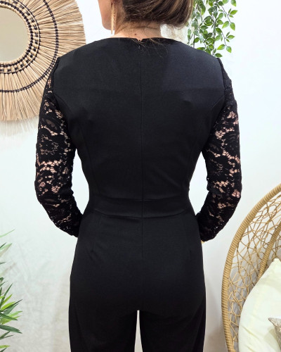Combinaison pantalon femme noire manches dentelle