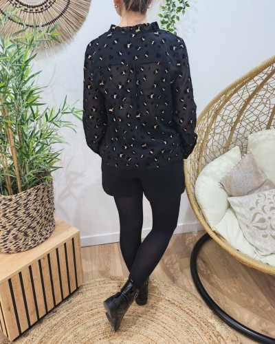 Chemisier femme noir motif leopard velours doré
