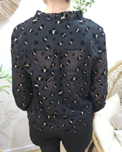 Chemisier femme noir motif leopard velours doré