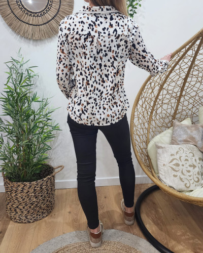 Chemisier femme blanc motif leopard col brodé