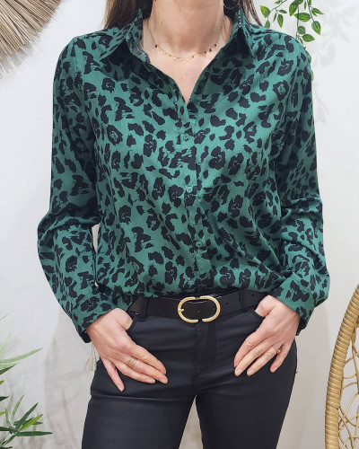 Chemisier femme vert motif leopard noir