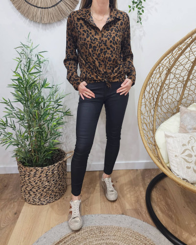 Chemisier femme camel motif leopard noir