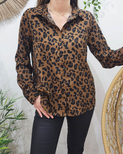 Chemisier femme camel motif leopard noir 20396