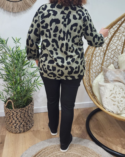 Chemisier femme grande taille femme kaki motif leopard noir