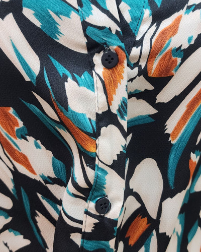 Chemisier femme noir motifs blancs oranges turquoises Linda