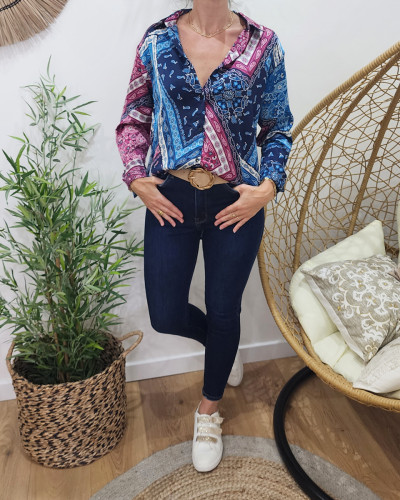 Chemisier femme bleu et mauve cachemire Maryam