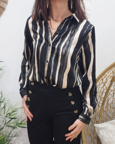 Chemisier femme noir et beige rayures satiné