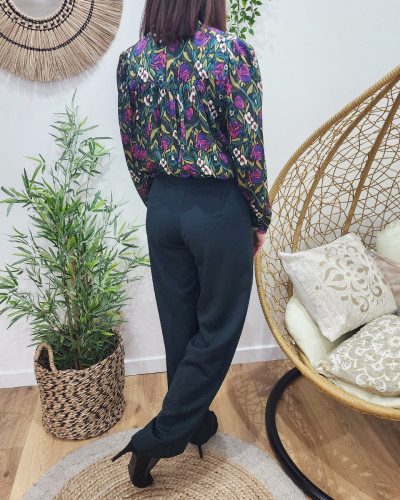 Chemisier femme vert et mauve fleuri Fiona