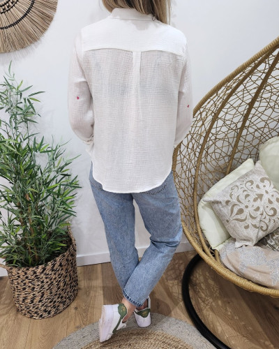 Chemise coton gaze blanche coeurs roses fuchsia