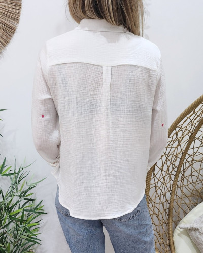 Chemise coton gaze blanche coeurs roses fuchsia