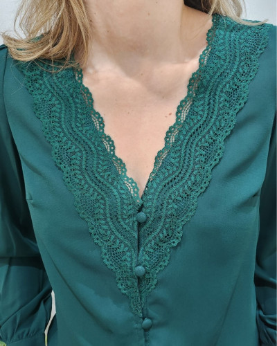 Chemisier femme vert emeraude col dentelle Viviane 25820