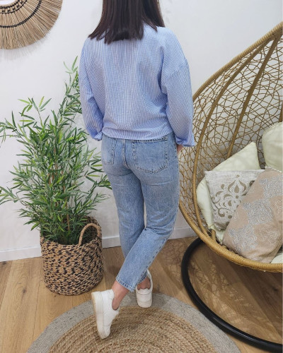 Chemisier femme à nouer bleu ciel rayures blanches