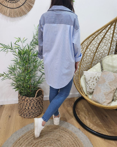 Chemisier femme oversize à rayures bleu marine bleu ciel et blanc