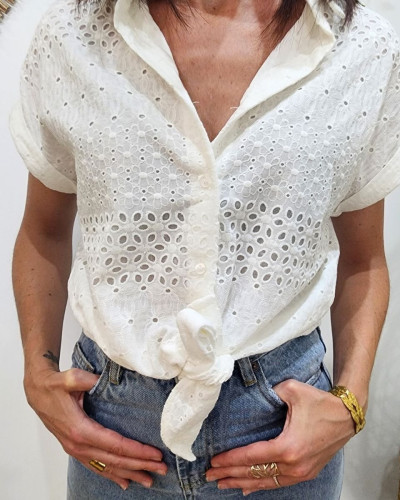 Chemisier femme à nouer écru broderies anglaises