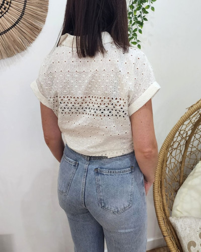Chemisier femme à nouer écru broderies anglaises
