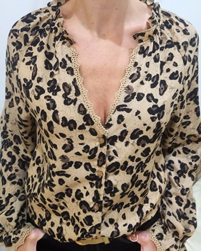 Chemisier femme taupe et noir léopard paillettes dorées