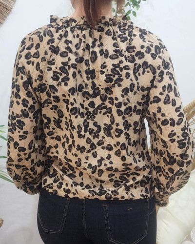 Chemisier femme taupe et noir léopard paillettes dorées