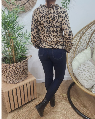 Chemisier femme taupe et noir léopard paillettes dorées