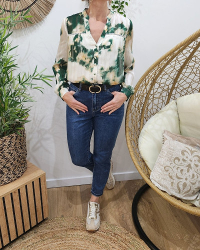 Chemisier femme vert et écru liseré doré Léonce
