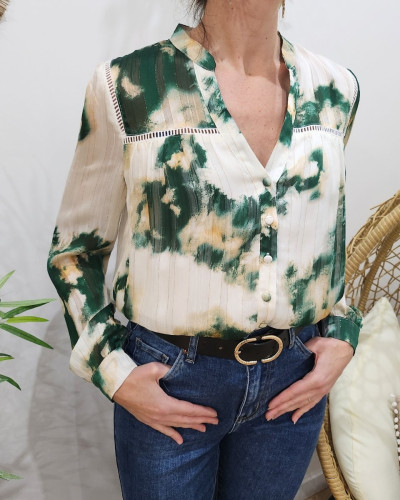 Chemisier femme vert et écru liseré doré Léonce