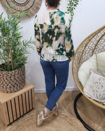 Chemisier femme vert et écru liseré doré Léonce