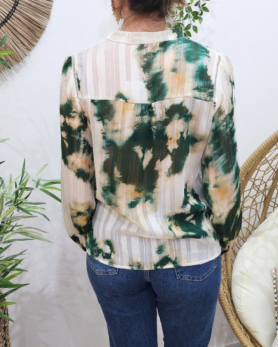 Chemisier femme vert et écru liseré doré Léonce