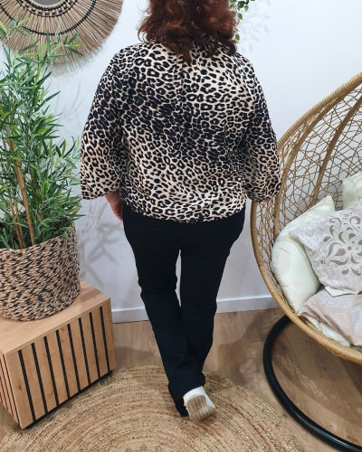 Chemisier femme léopard beige et noir Tyana col froncé
