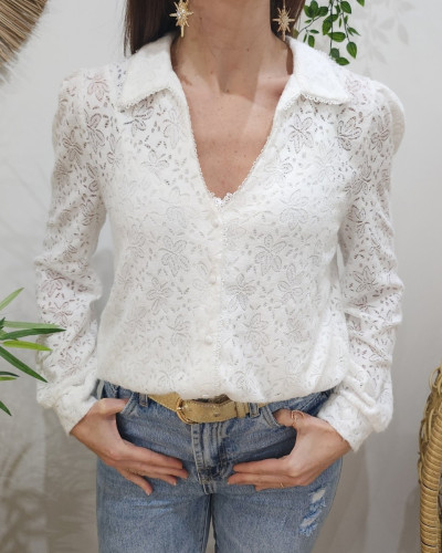 Chemisier femme blanc fleuri ajouré Bianca