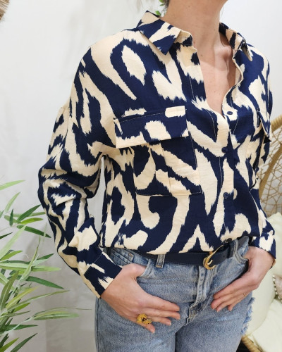 Chemisier femme écru et bleu marine à poches
