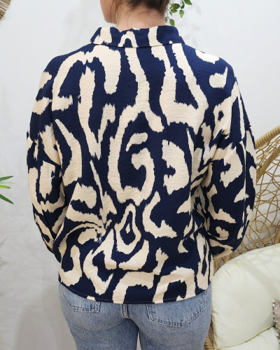 Chemisier femme écru et bleu marine à poches