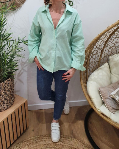 Chemisier femme vert d'eau à rayures blanches