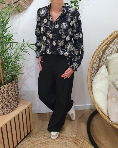Chemisier femme noir à fleurs brodées écrues