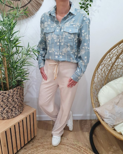 Chemisier femme bleu jean à carreaux fleuris brodés beiges