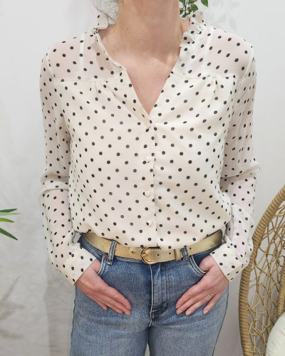 Chemisier femme écru à pois noirs