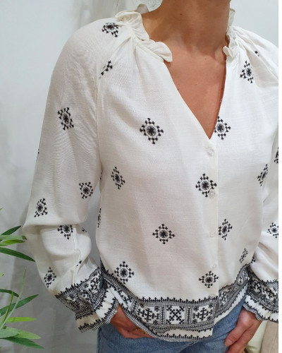 Chemisier femme coton écru motifs noirs Adara