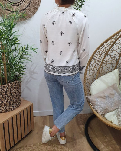 Chemisier femme coton écru motifs noirs Adara