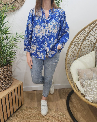 Chemisier femme bleu roi fleurs beiges