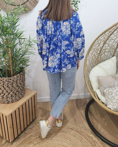 Chemisier femme bleu roi fleurs beiges