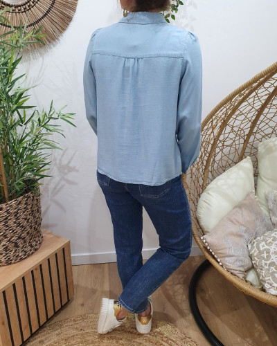 Chemisier femme bleu jean broderies fleuries
